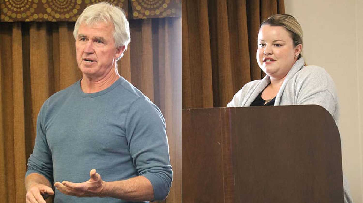 Darren Swanson, left, and Danielle Rhodes, right, giving a presentation on the new daycare at the Moosomin Chamber meeting Tuesday.
